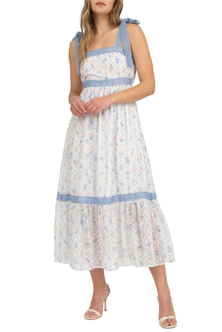 Blue Lace Trim Cream Floral Midi Dress